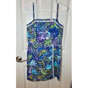 Lilly Pulitzer Blue Purple and Green Dress with White Embroidery Size 4